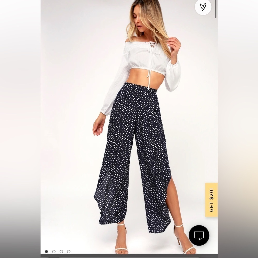 Lulu’s “Digby Navy Blue Polka Dot Flyaway Pants”